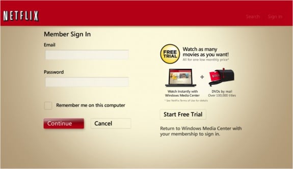 Windows Media Center Netflix login