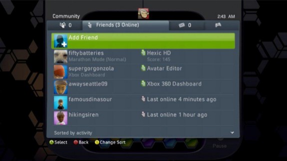 Xbox 360 Friends List Activity Sorted