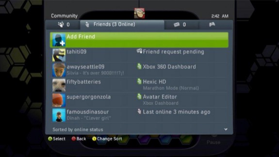 Xbox 360 Friends Sorted by Status