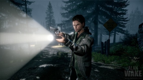 Alan Wake aiming flashlight and gun