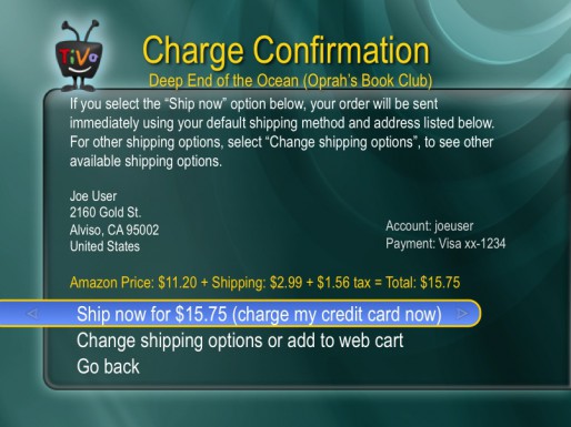 TiVo Amazon Integration: Charge Confirmation