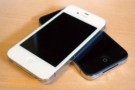 White and black iPhone 4S stacked