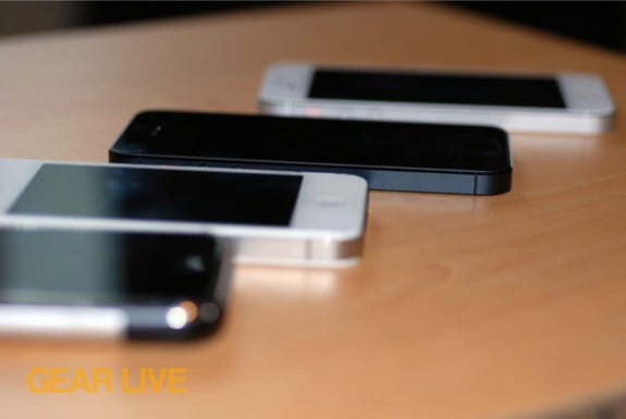 iPhone, iPhone 4S, iPhone 5 (white and black) next to each other
