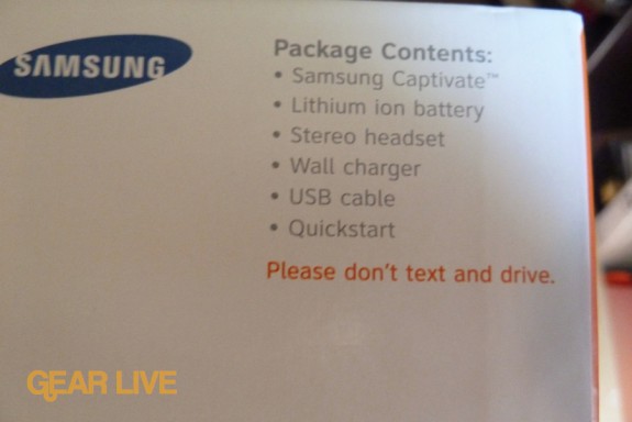 Samsung Captivate Galaxy S box contents